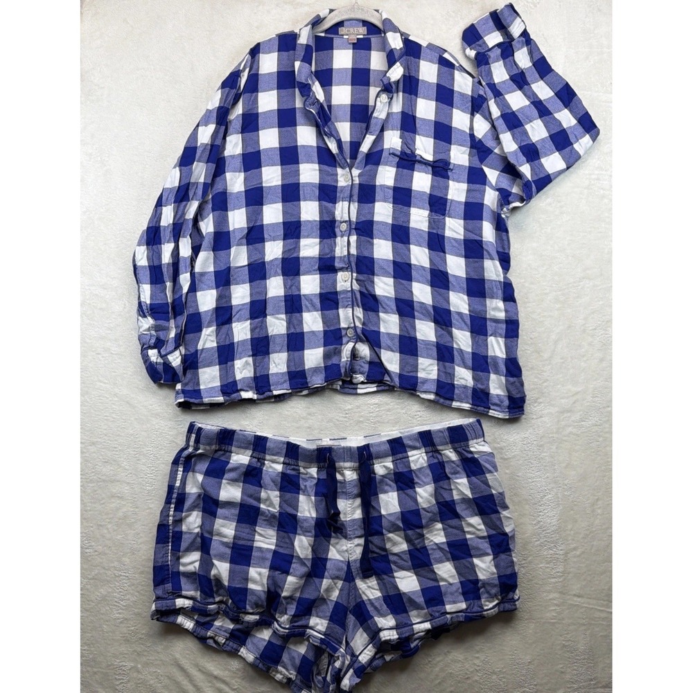 J.Crew Pajama Set Women's XXL Blue White Gingham Cotton Top Shorts Sleepwear